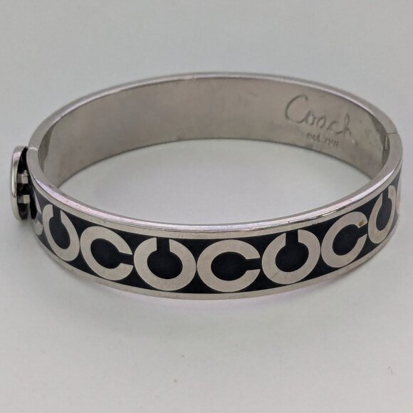COACH Black Silver Monogram Oval Hinged Bangle Bracelet - Picture 2 of 6